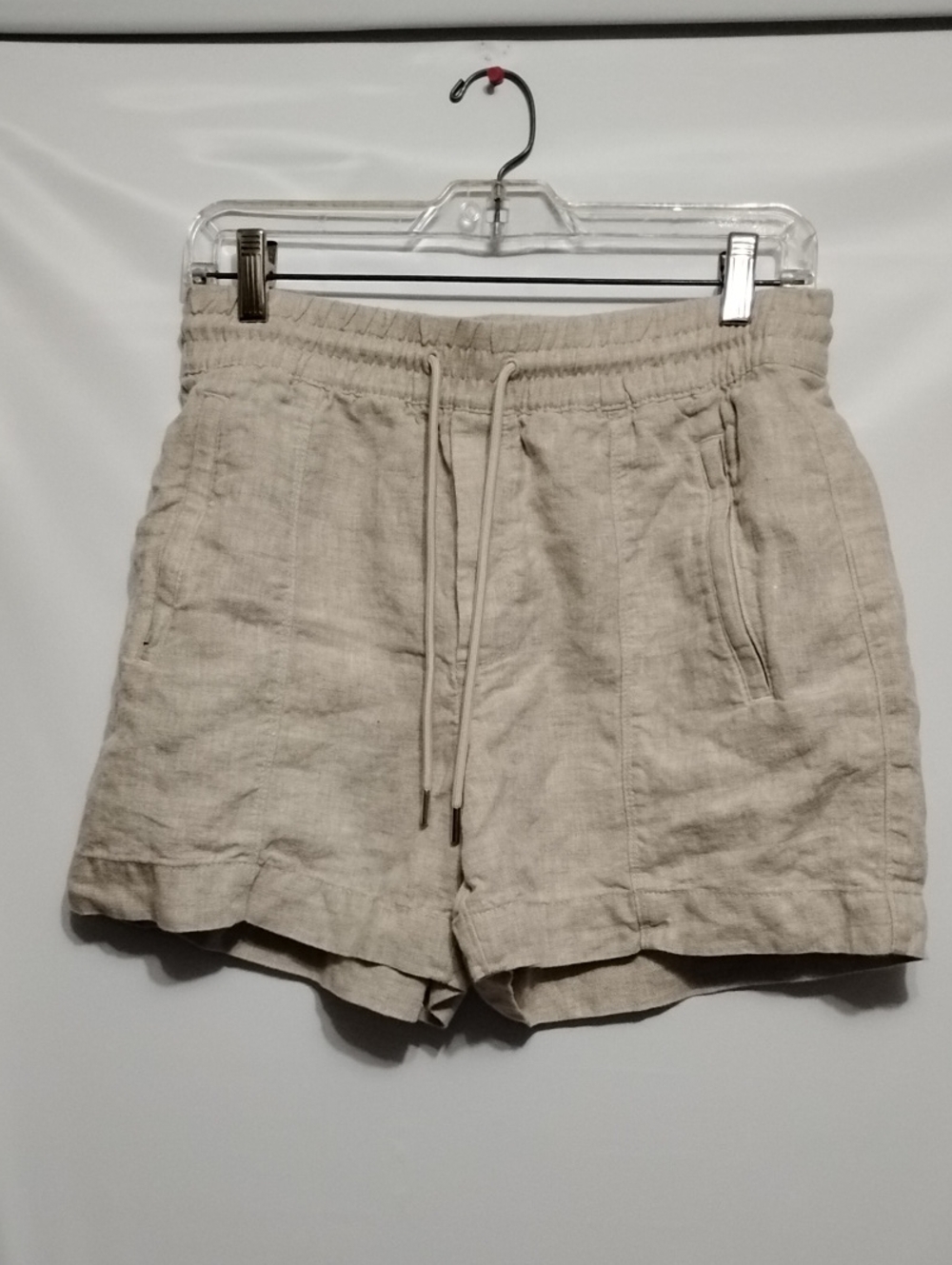 ATHLETA Women's SP Linen-Blend And Stripe Drawstring Shorts in Beige& Green/Wht